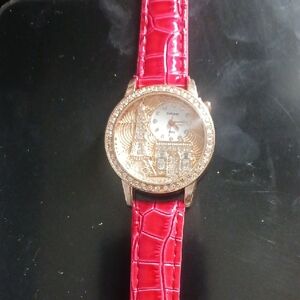 Gold-Tone Watch with Red Strap
